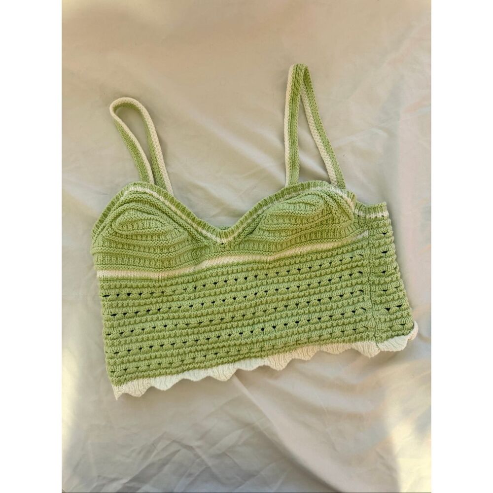 Sweet Republic Sage Green White Crochet Knit Floral Daisy Halter Crop Top Size M